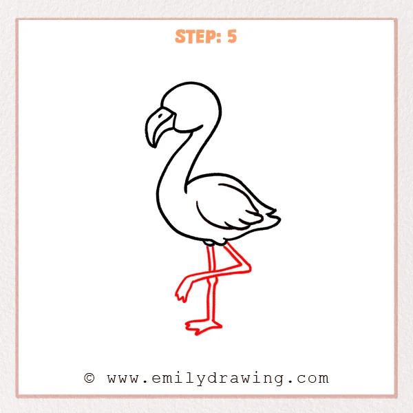 how to draw a cartoon flamingo - Step 5 adds two long cartoon flamingo legs, with one straight standing leg and one bent lifted leg, plus simple flat feet.